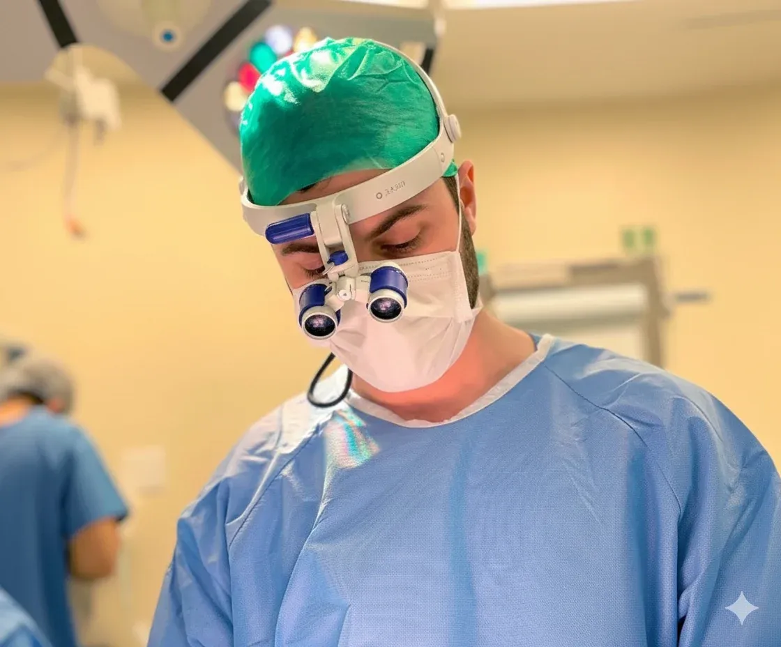 Dr. Stéfano Fiúza em cirurgia, com lupa cirúrgica e fotóforo