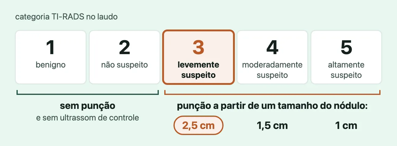 A escala do TI-RADS, "categoria TI-RADS no laudo", em cinco quadros: 1, "benigno"; 2, "não suspeito"; 3, "levemente suspeito", destacado em terracota; 4, "moderadamente suspeito"; 5, "altamente suspeito". Uma chave junta o 1 e o 2: "sem punção e sem ultrassom de controle". Outra junta o 3, o 4 e o 5: "punção a partir de um tamanho do nódulo", com 2,5 cm no 3, destacado, 1,5 cm no 4 e 1 cm no 5.
