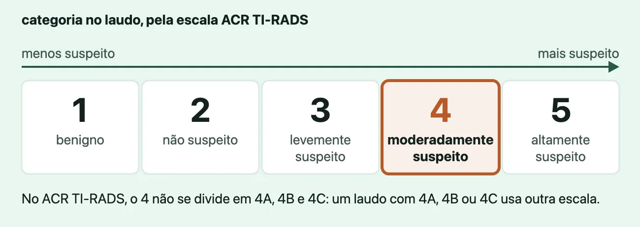 Escala TI-RADS de 1 a 5, do benigno ao altamente suspeito, com a categoria 4, moderadamente suspeito, destacada entre o 3 e o 5.