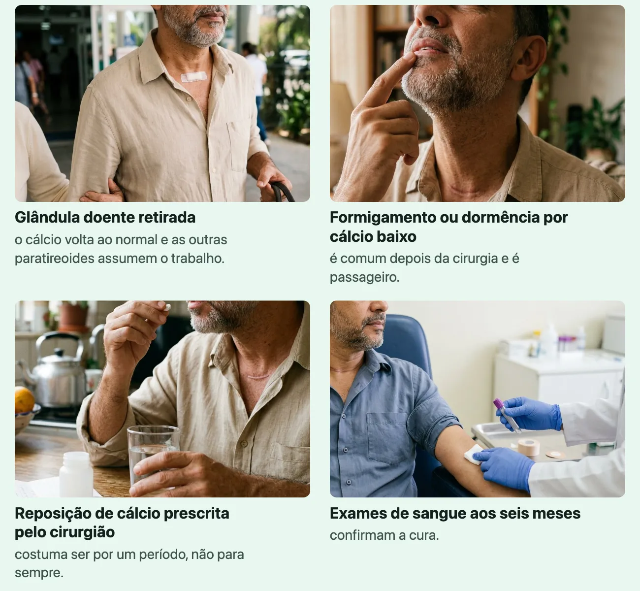 Quatro fotos do mesmo homem depois da cirurgia: um curativo pequeno na base do pescoço; a ponta do dedo tocando o lábio; um comprimido entre os dedos; numa coleta de sangue, as mãos de luvas no braço dele, com o algodão e um tubo tampado.
