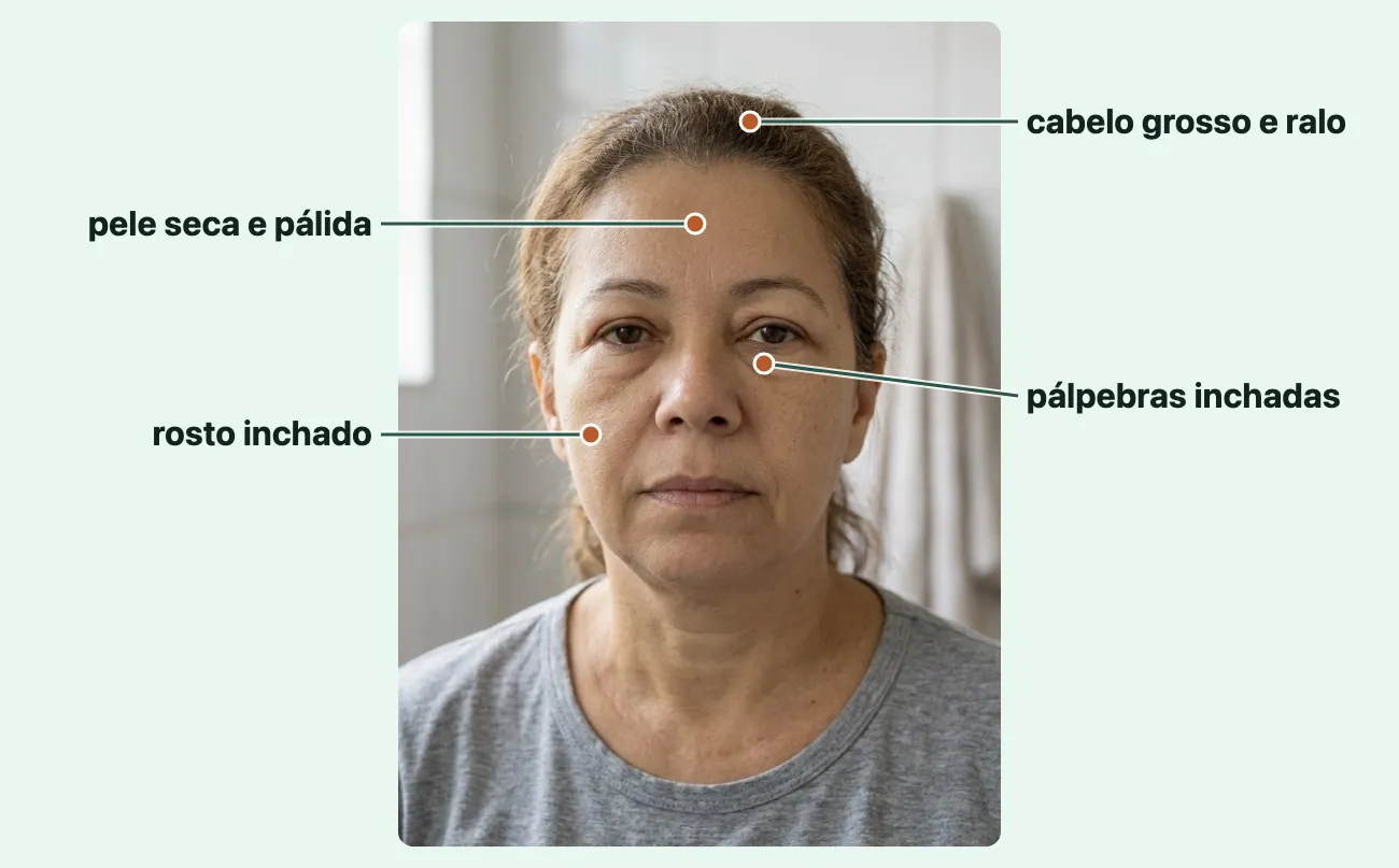Foto gerada de uma mulher de uns cinquenta e cinco anos, de frente, no banheiro, com o rosto e as pálpebras levemente inchados, a pele seca e pálida e o cabelo grosso e ralo, como na tireoide lenta.