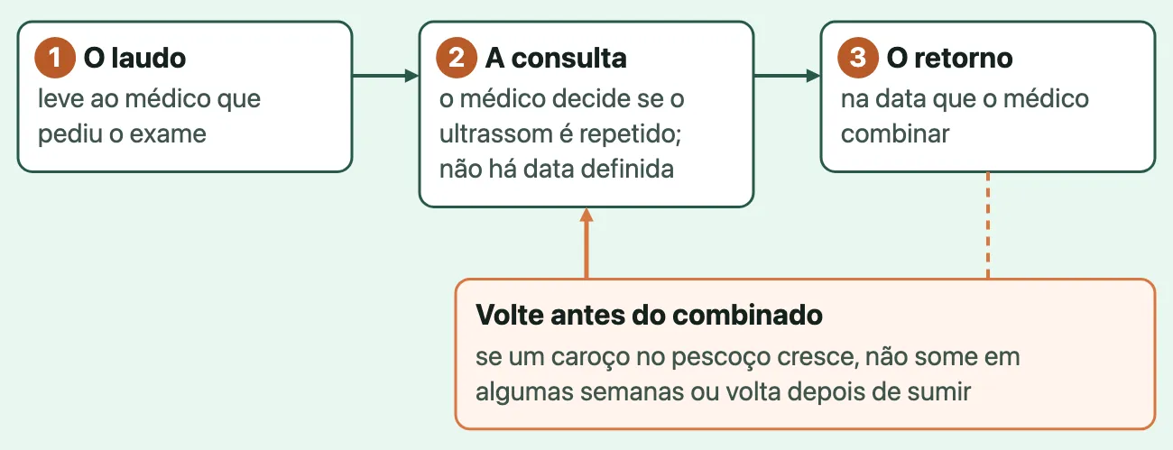 Fluxo em três passos: o laudo, levado ao médico que pediu o exame; a consulta, em que o médico decide se o ultrassom é repetido, sem data definida; o retorno, na data combinada. Um quadro laranja, com uma seta de volta para a consulta, diz para voltar antes do combinado se um caroço no pescoço cresce, não some em algumas semanas ou volta depois de sumir.