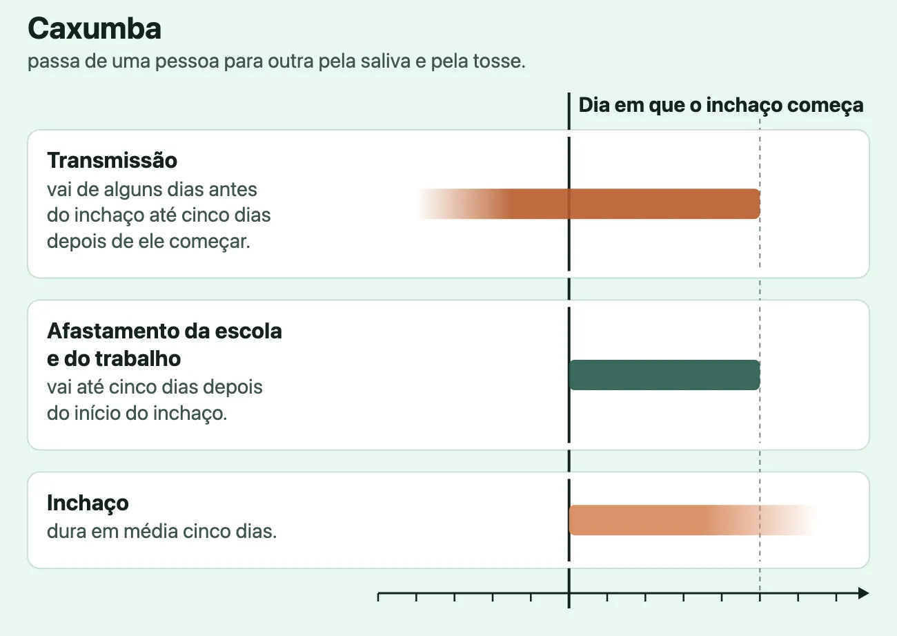 Linha do tempo da caxumba, em dias, sem números, com três faixas, cada uma num cartão com o seu nome e a sua frase. Uma linha vertical marca, nas três, o dia em que o inchaço começa. A faixa da transmissão começa esmaecida alguns dias antes desse dia e vai até cinco dias depois do início do inchaço; a faixa do afastamento da escola e do trabalho vai do início do inchaço até o mesmo quinto dia; a faixa do inchaço começa no mesmo dia e se apaga perto do quinto dia, a média da sua duração. Embaixo, um eixo de dias serve às três faixas.