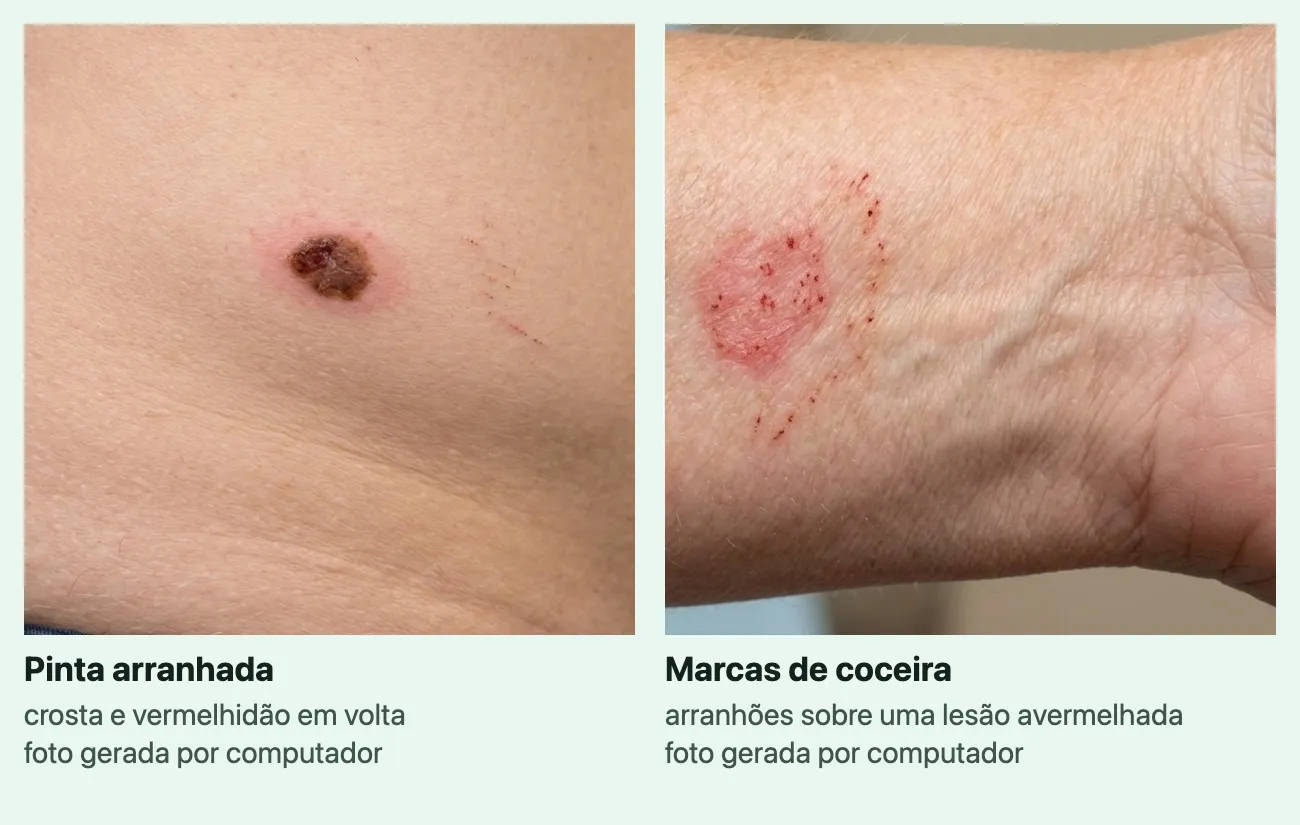 Duas fotos marcadas "foto gerada por computador", cada uma com o nome e uma linha. "Pinta arranhada", "crosta e vermelhidão em volta": uma pinta marrom com crosta, rodeada de vermelhidão, com arranhões finos ao lado. "Marcas de coceira", "arranhões sobre uma lesão avermelhada": uma mancha avermelhada no punho, coberta de pequenos arranhões e pontos de crosta.