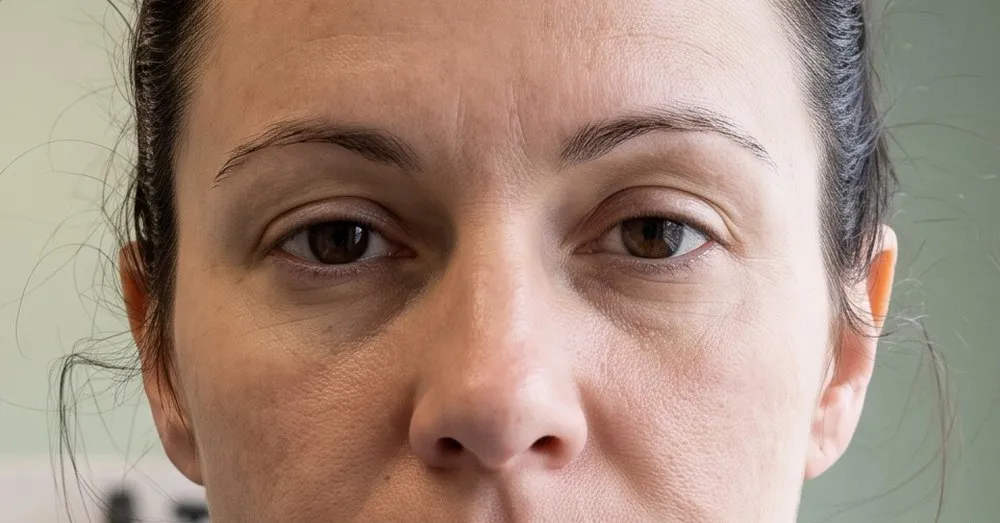 A metade de cima do rosto de uma mulher, das sobrancelhas ao nariz: os dois olhos abertos de modo comum, com a pálpebra de cima cobrindo a borda de cima da íris.