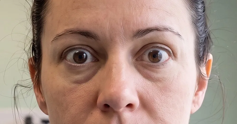 O mesmo recorte do rosto, agora com os dois olhos arregalados e avançados: a pálpebra de cima recuada deixa uma faixa de branco entre ela e a íris, e a pálpebra de baixo está inchada.