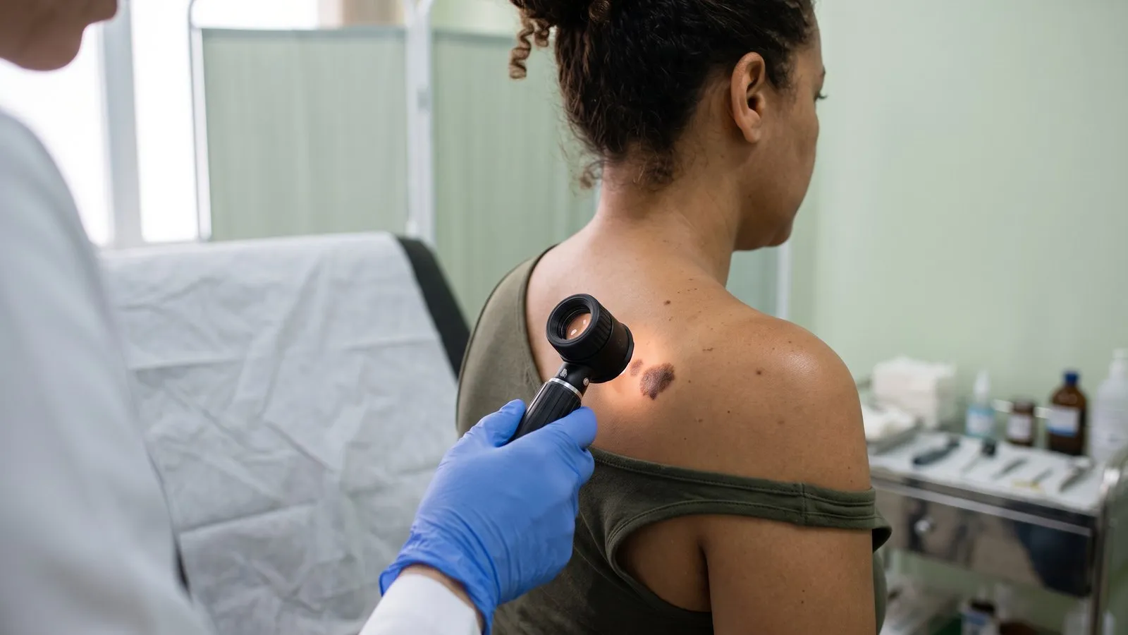 Médico examina com o dermatoscópio uma pinta escura e irregular no ombro de uma mulher sentada na maca.