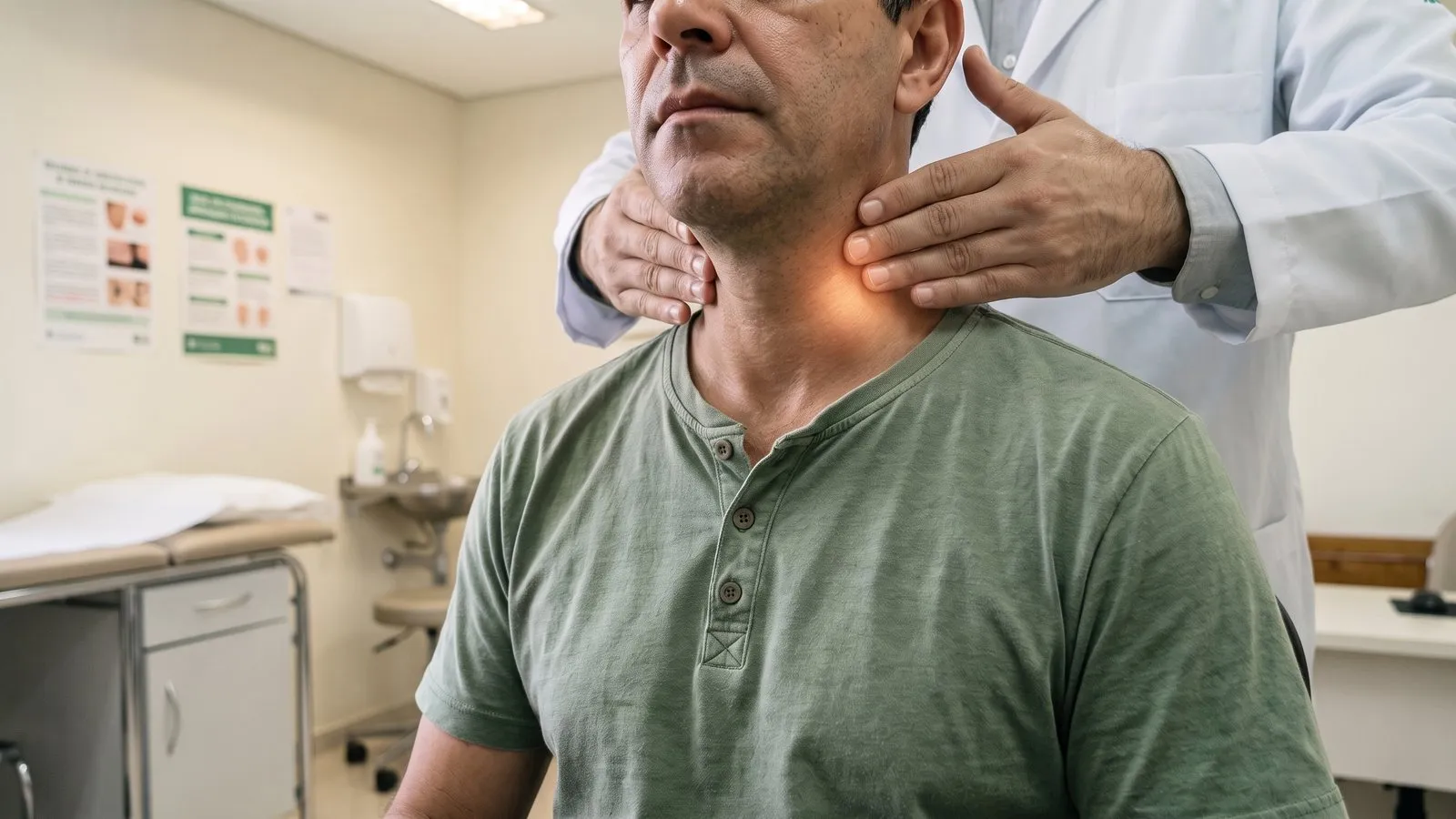 No consultório, um homem de camiseta verde, sentado; o médico, de pé atrás dele, apalpa com a ponta dos dedos das duas mãos os dois lados do pescoço, logo abaixo da mandíbula, onde há um leve volume de um lado. O quadro mostra o homem do nariz para baixo.
