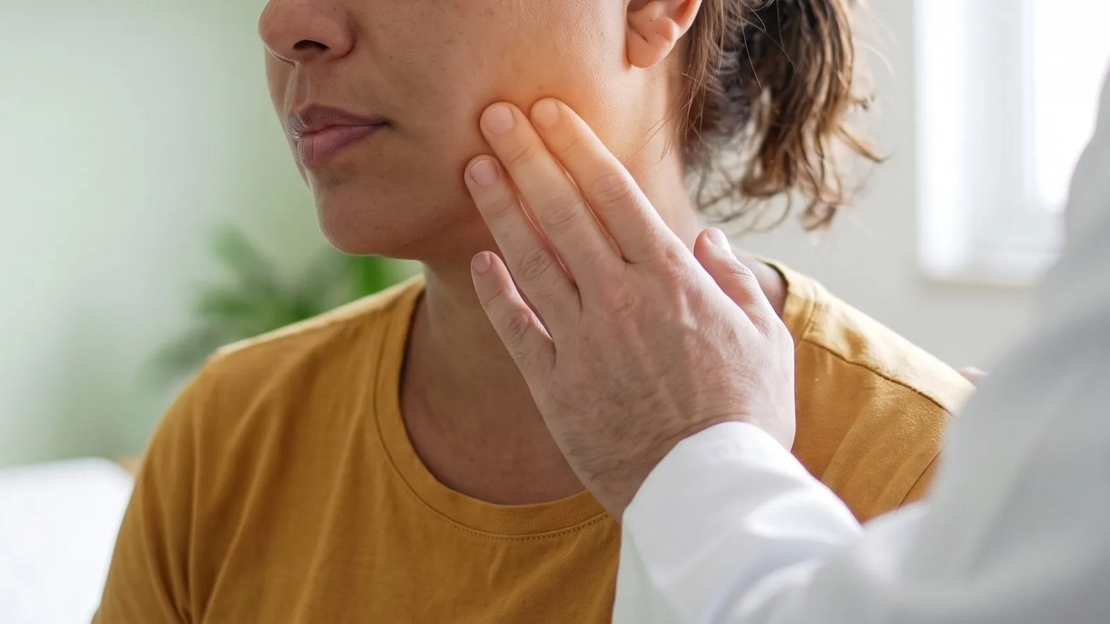 No consultório, uma mulher de blusa mostarda, sentada, vista da boca para baixo; o médico, de jaleco branco, toca com a ponta dos dedos o lado do rosto dela, na frente e embaixo da orelha, sobre o ângulo da mandíbula, onde a pele tem um brilho quente e discreto.
