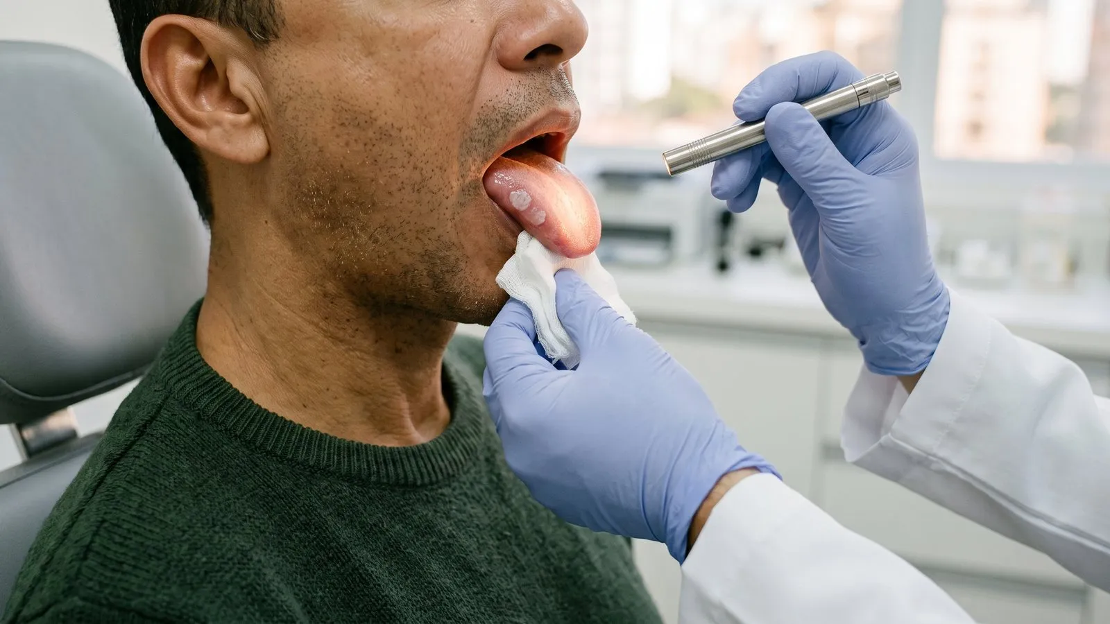 No consultório, um homem de camisola verde-escura, sentado, de boca aberta com a língua para fora; o médico, de luvas azuis, segura a ponta da língua com uma gaze e ilumina a borda dela com uma lanterna fina, onde há uma pequena mancha esbranquiçada. O quadro mostra o homem do nariz para baixo.