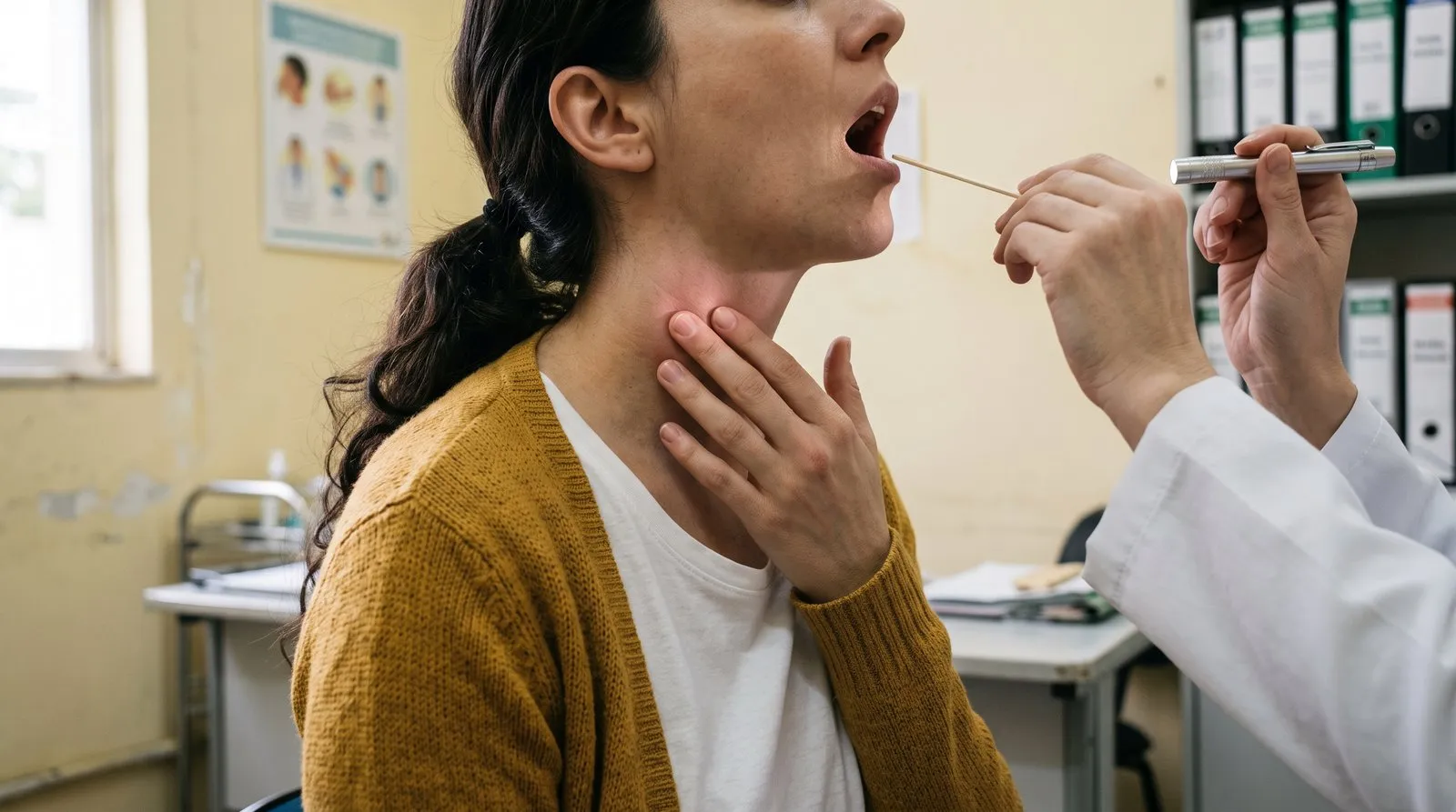 Na consulta, o médico examina a garganta de uma mulher de boca aberta, que toca com os dedos a glândula inflamada no lado do pescoço, embaixo da mandíbula.