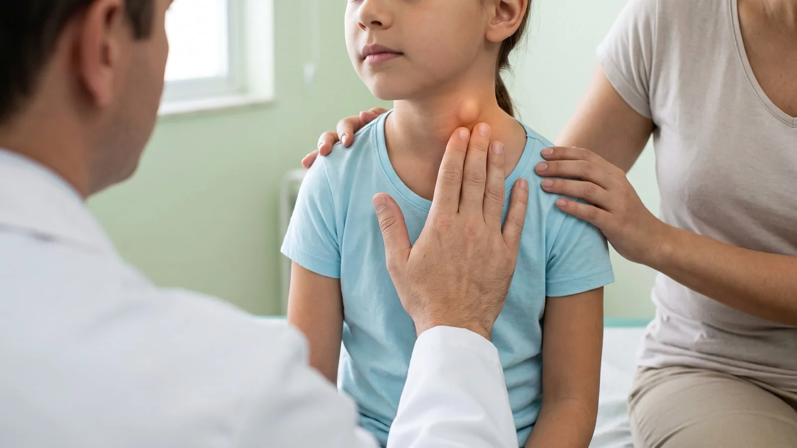 Médico examina com a ponta dos dedos um pequeno caroço do lado do pescoço de uma menina, abaixo da mandíbula, com a mãe sentada ao lado: a consulta por um possível cisto congênito.