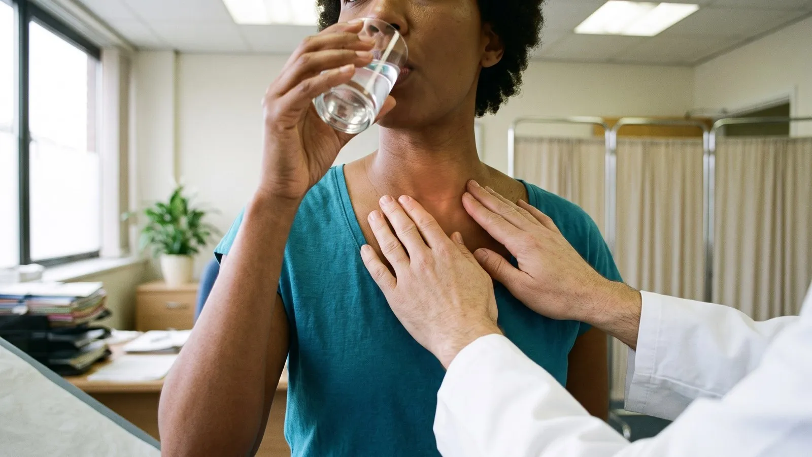 Médico toca o punho de uma mulher para sentir o pulso enquanto ela apoia os dedos na base do pescoço, onde fica a tireoide, numa consulta sobre sintomas de problema na tireoide.