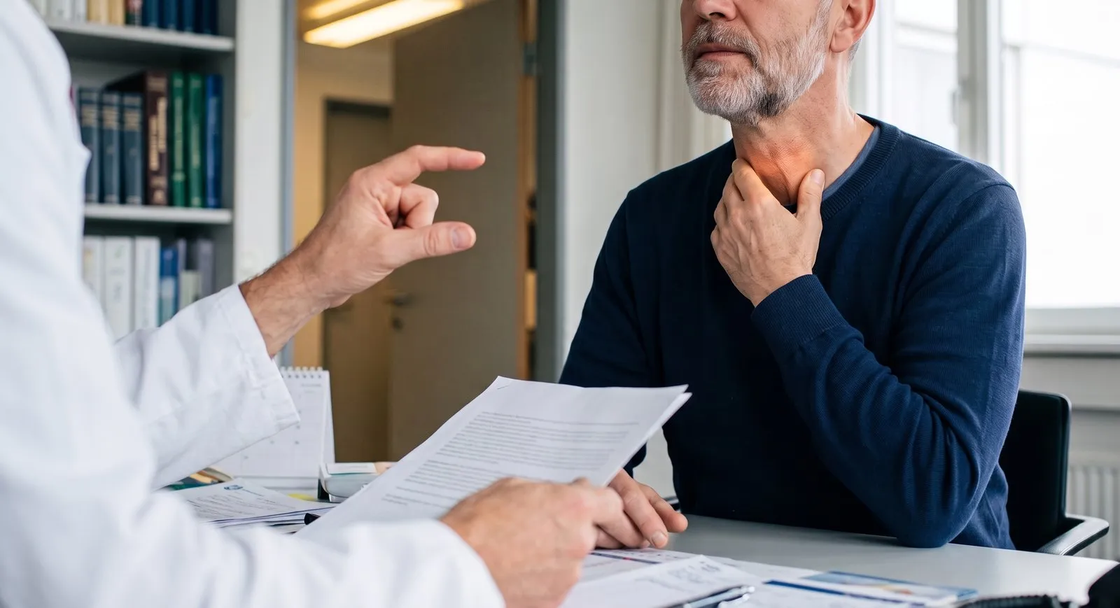 Médico mostra com os dedos um tamanho pequeno a um homem que toca a frente do pescoço, com o laudo do ultrassom da tireoide com TI-RADS 3 sobre a mesa.