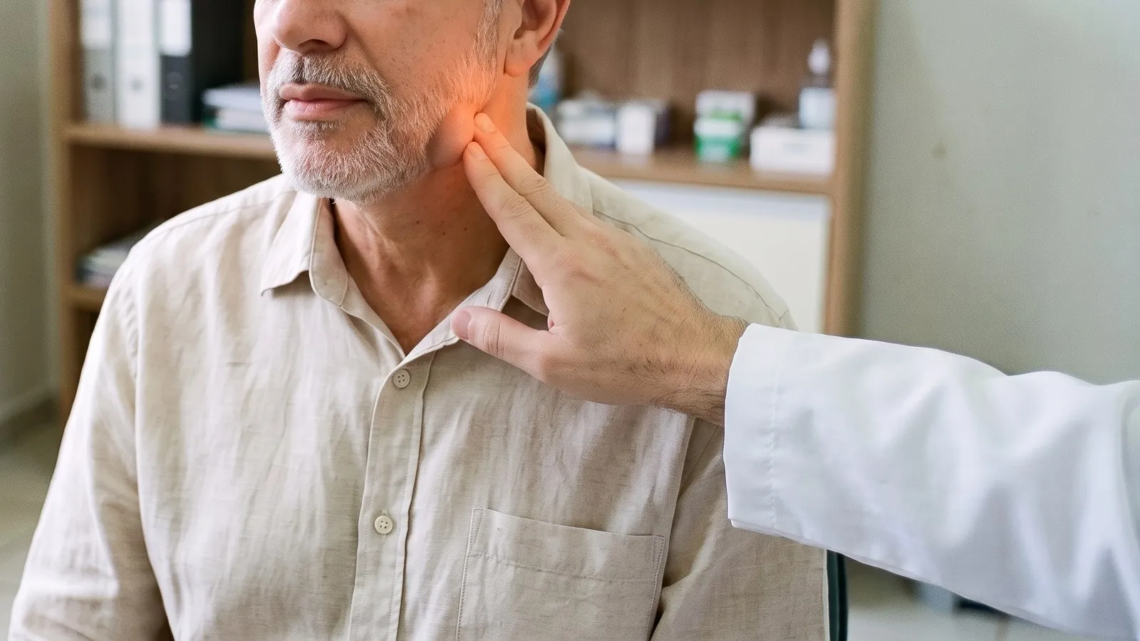 Um homem calmo, de boca fechada, sentado num consultório, com um caroço arredondado logo abaixo da orelha, enquanto o médico examina o caroço com a ponta dos dedos.