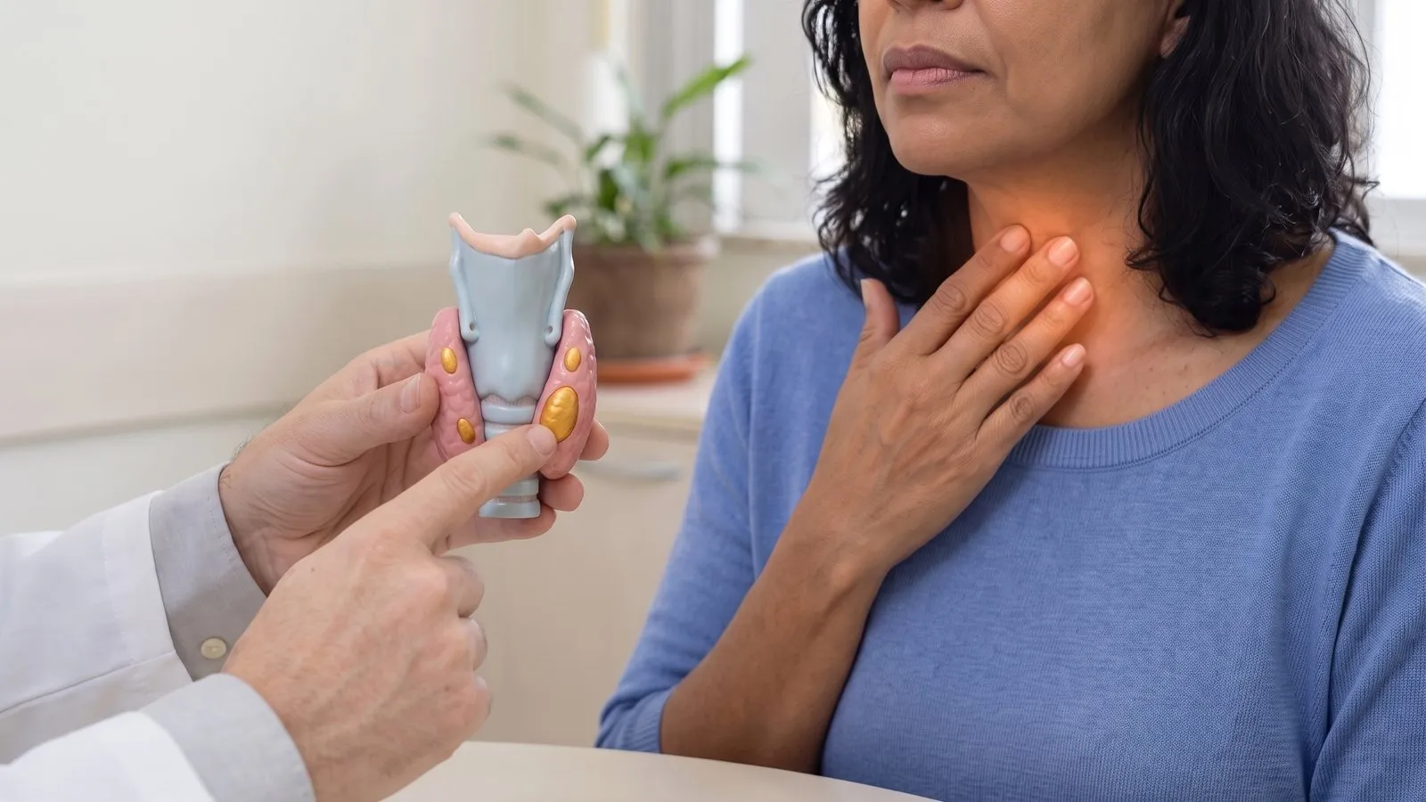No consultório, o cirurgião segura um modelo da tireoide visto por trás, com quatro pequenas glândulas douradas, uma delas maior, e aponta para ela; ao lado, uma mulher toca a parte baixa da frente do pescoço, onde ficam a tireoide e as paratireoides.