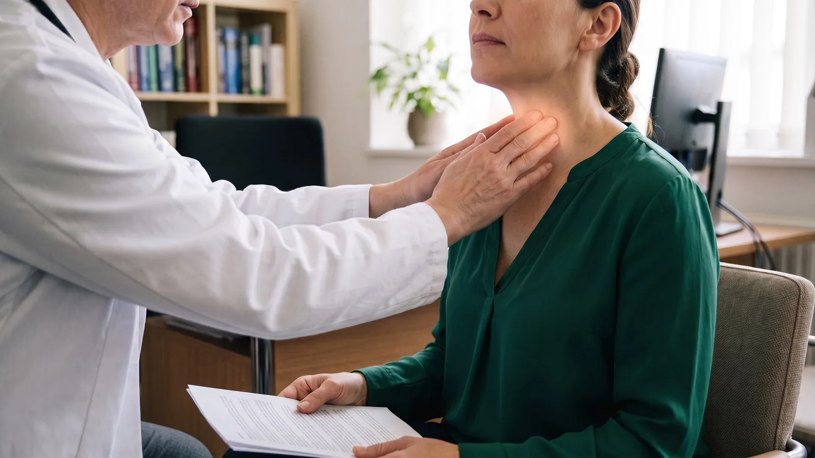 Na consulta, o médico apalpa com a ponta dos dedos o lado esquerdo da base do pescoço de um homem que segura um copo de água, onde fica o nódulo tireoidiano à esquerda descrito no laudo sobre a mesa.